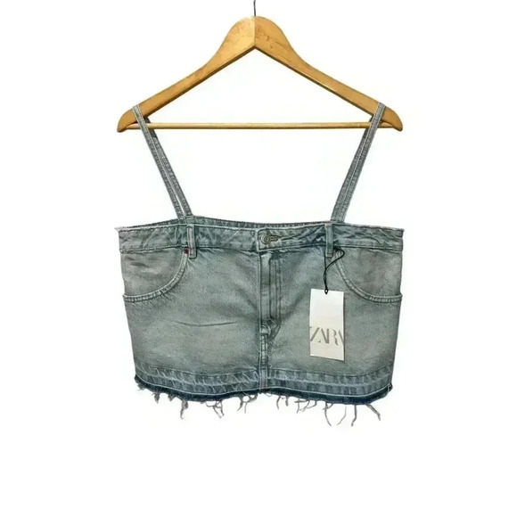 ZARA Denim Jean Cropped Pants Top Spaghetti Straps Size Large Bloggers Blue Wash - Picture 8 of 9